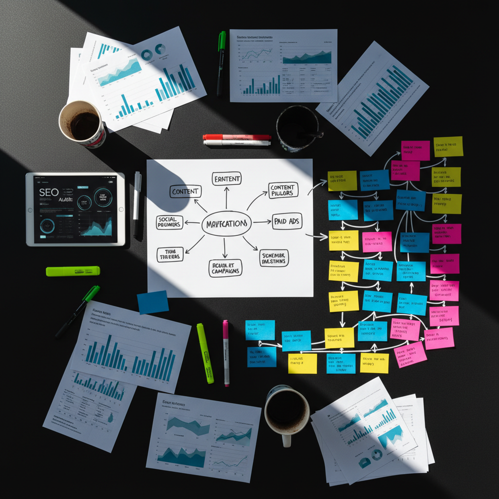 An overhead photographic view of a large black tabletop covered with an in-progress marketing strategy session: printed mock analytics reports with blurred numbers, a tablet showing an SEO audit interface, color-coded index cards arranged into funnels and customer journeys, and a bold central mind-map sketched in marker. Natural afternoon light from the side creates strong contrast and long shadows across the paper edges and pens. The composition is carefully organized chaos, with sharp focus throughout, conveying an intense, decisive planning atmosphere that feels authentic and hands-on, matching a bold, modern digital marketing agency aesthetic.