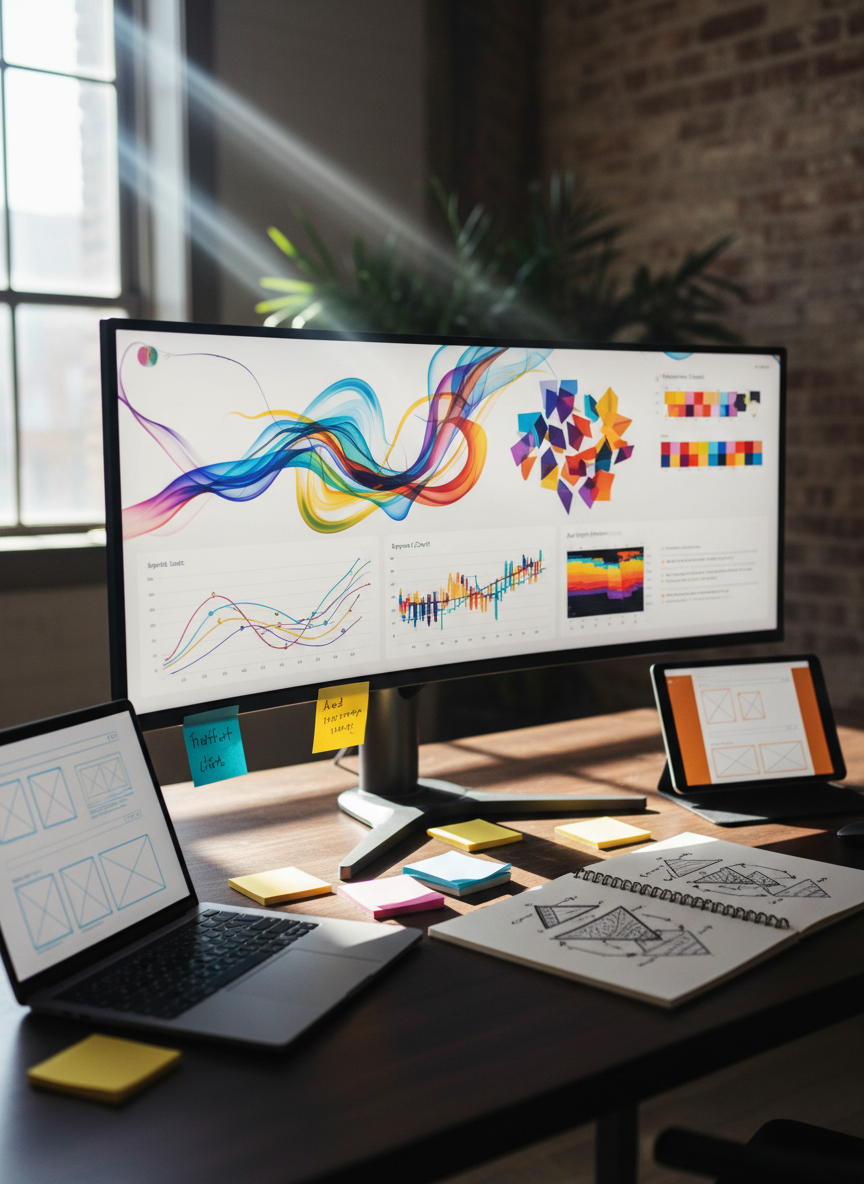 A sleek, ultrawide monitor filled with a vibrant digital marketing dashboard showing traffic graphs, keyword charts, and ad performance heatmaps, all rendered as colorful abstract shapes with no readable text. The screen sits on a dark wooden desk beside a slim laptop and a tablet displaying wireframe layouts. Soft daylight from a nearby window creates crisp reflections on the screens and casts defined shadows across scattered sticky notes and a notebook filled with sketched funnels. Photographic realism, eye-level composition with shallow depth of field, bold and dynamic mood, emphasizing real work in progress inside a modern studio office, not a generic stock setup.